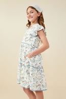 GY9563 Blue Girls Floral Ribbon Print Contrast Trim Dress Side