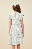 GY9563 Blue Girls Floral Ribbon Print Contrast Trim Dress Back