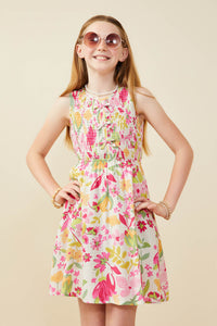 GY9565 Pink Girls Floral Print Smocked Bow Detail Dress Front