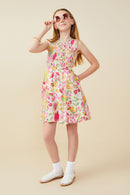 GY9565 Pink Girls Floral Print Smocked Bow Detail Dress Pose