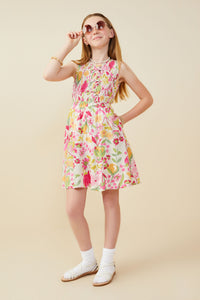 GY9565 Pink Girls Floral Print Smocked Bow Detail Dress Pose