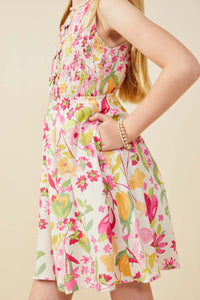 GY9565 Pink Girls Floral Print Smocked Bow Detail Dress Detail