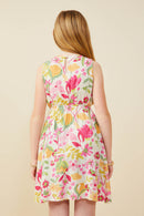 GY9565 Pink Girls Floral Print Smocked Bow Detail Dress Back