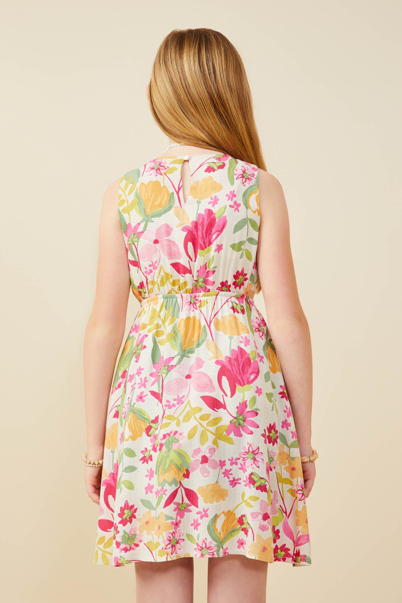 GY9565 Pink Girls Floral Print Smocked Bow Detail Dress Back