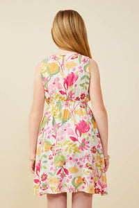 GY9565 Pink Girls Floral Print Smocked Bow Detail Dress Back