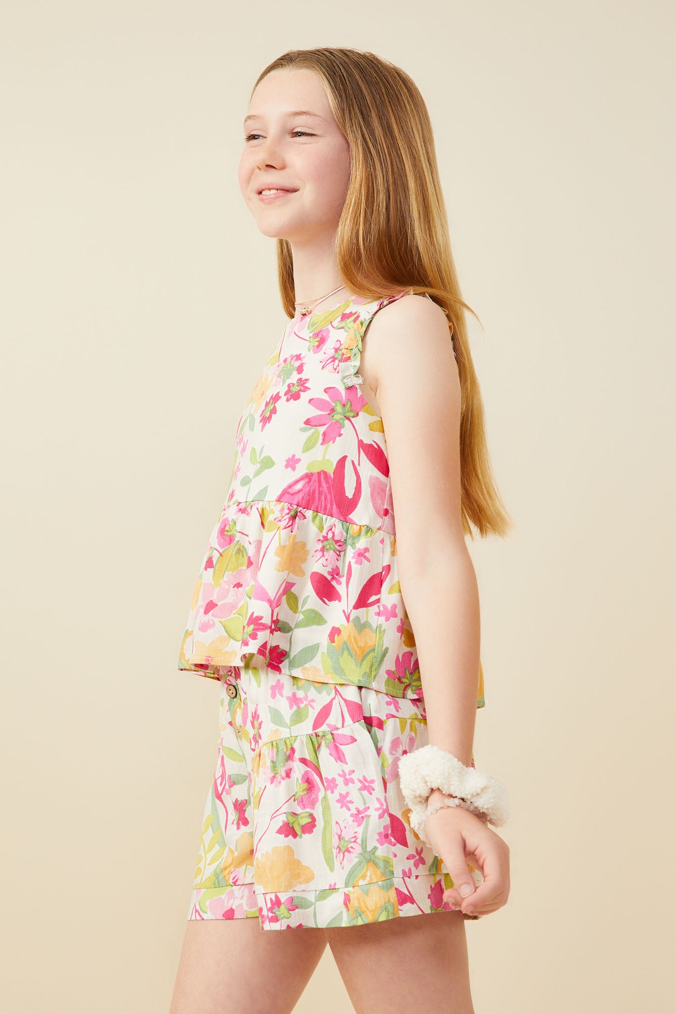 GY9567 Pink Girls Floral Print Peplum Tank Side