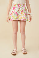 GY9568 Pink Girls Floral Print Button Detail Shorts Front