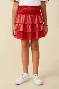 GY9578 Red Girls Smocked Ruffle Tiered Metallic Mini Skirt Front