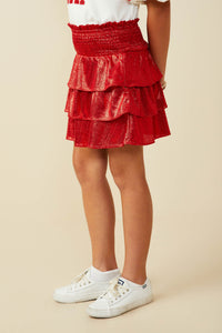GY9578 Red Girls Smocked Ruffle Tiered Metallic Mini Skirt Side