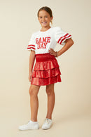 GY9578 Red Girls Smocked Ruffle Tiered Metallic Mini Skirt Pose