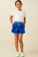 GY9579 Blue Girls Elastic Waist Sequined Shorts Pose
