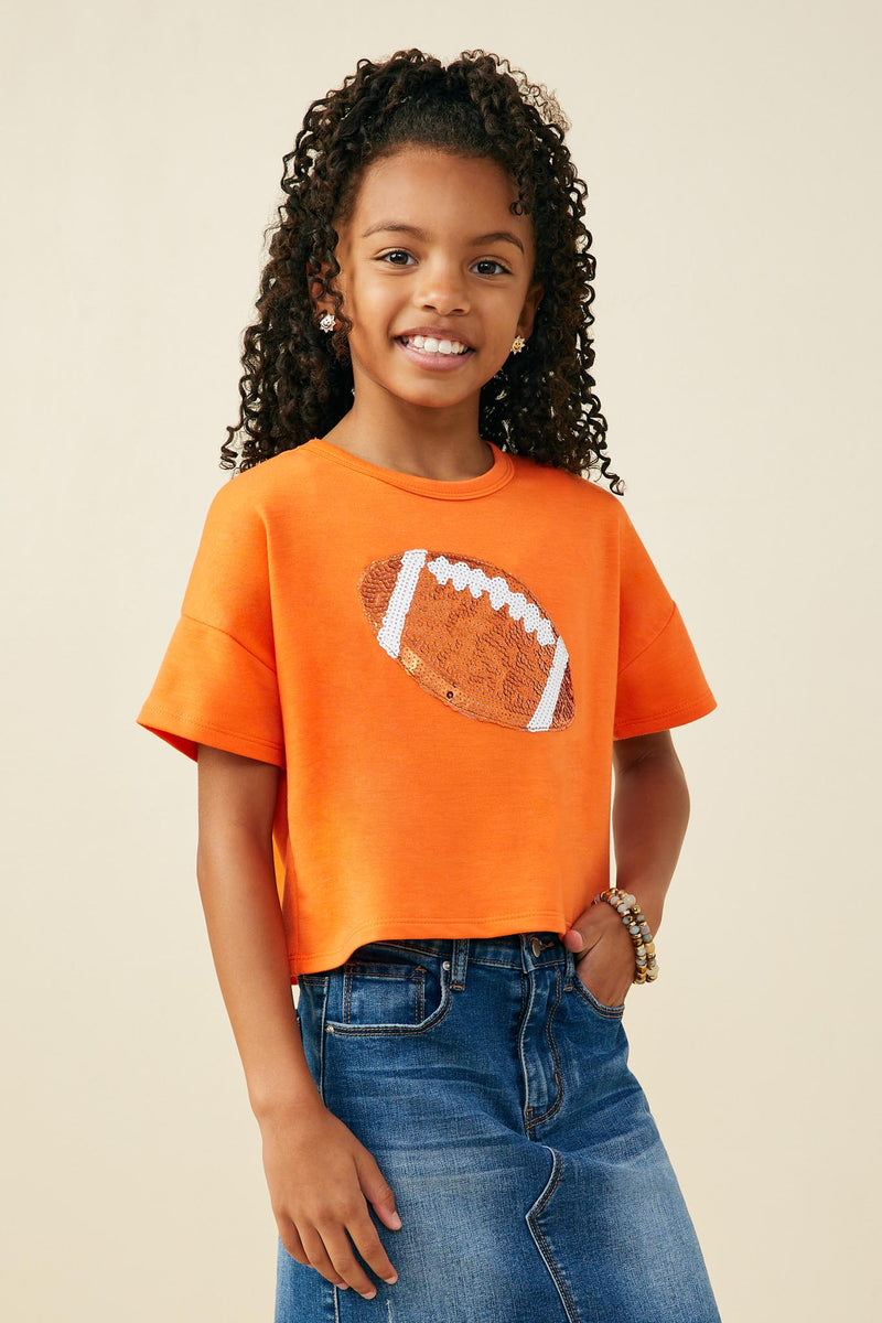 GY9582 Orange Girls Gameday Sequin Football Patched T Shirt Front