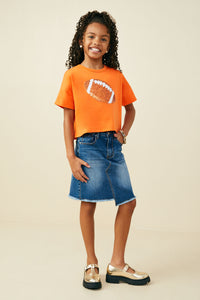 GY9582 Orange Girls Gameday Sequin Football Patched T Shirt Pose