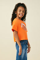GY9582 Orange Girls Gameday Sequin Football Patched T Shirt Side