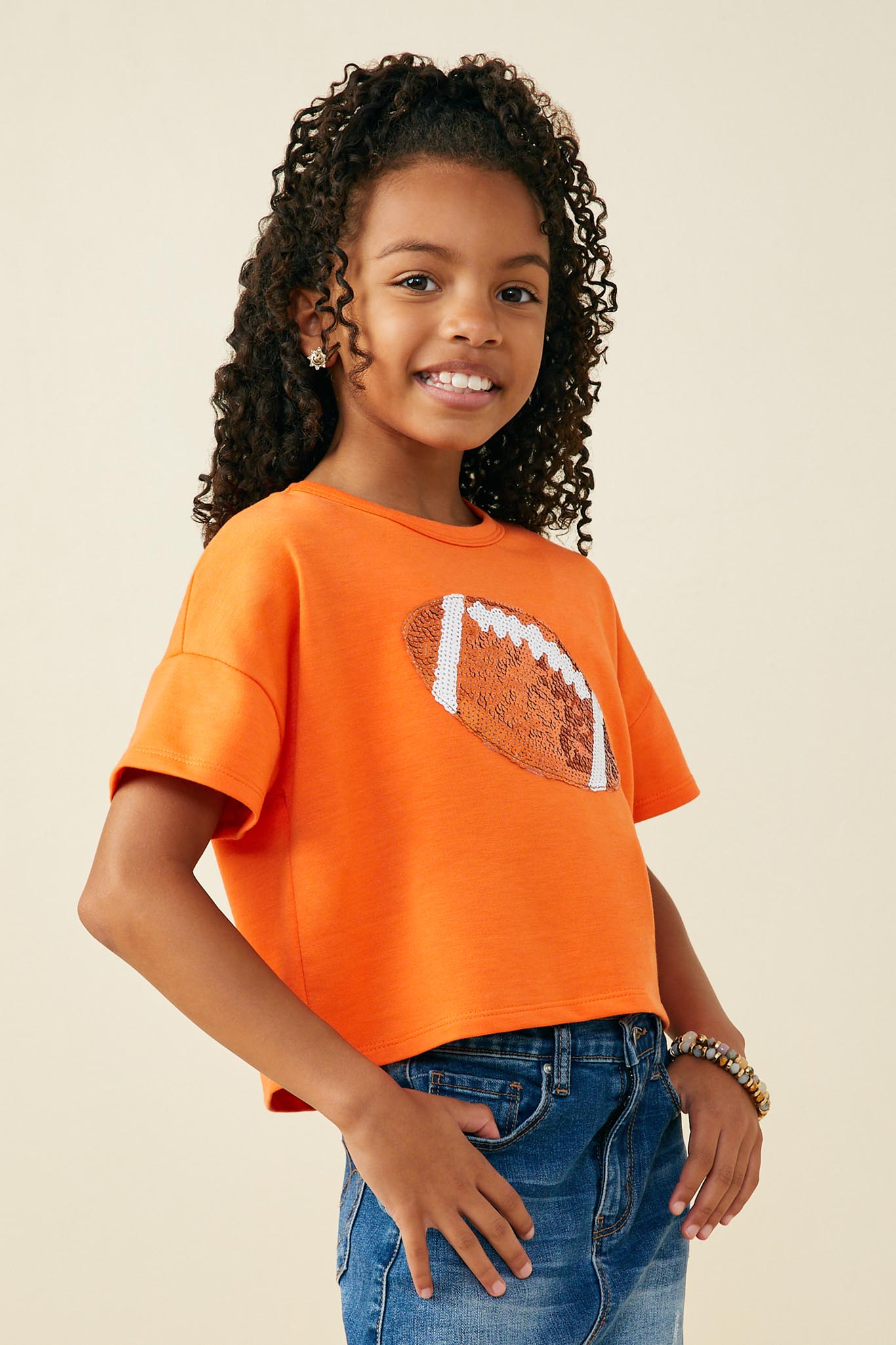 GY9582 Orange Girls Gameday Sequin Football Patched T Shirt Front 2