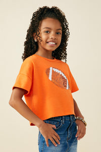 GY9582 Orange Girls Gameday Sequin Football Patched T Shirt Front 2