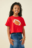 GY9582 Red Girls Gameday Sequin Football Patched T Shirt Front