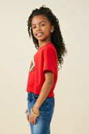 GY9582 Red Girls Gameday Sequin Football Patched T Shirt Side