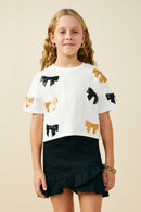 GY9583 Black Girls Gameday Team Color Sequin Bow Patched T Shirt Front