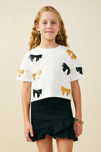 GY9583 Black Girls Gameday Team Color Sequin Bow Patched T Shirt Front