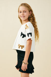 GY9583 Black Girls Gameday Team Color Sequin Bow Patched T Shirt Side