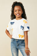 GY9583 ORANGE Girls Gameday Team Color Sequin Bow Patched T Shirt Front