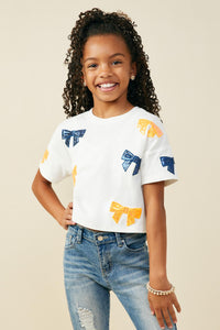 GY9583 ORANGE Girls Gameday Team Color Sequin Bow Patched T Shirt Front