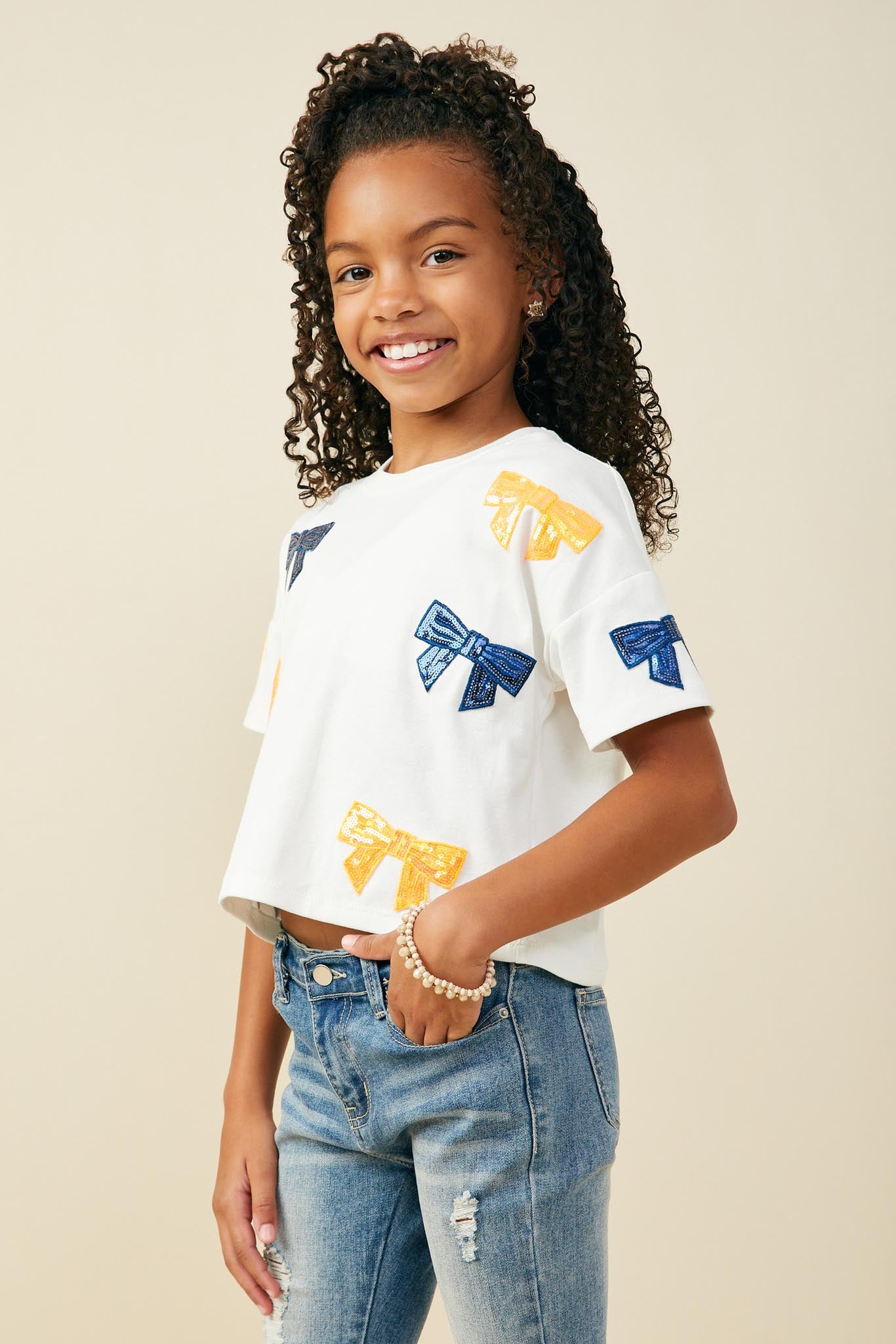 GY9583 ORANGE Girls Gameday Team Color Sequin Bow Patched T Shirt Side