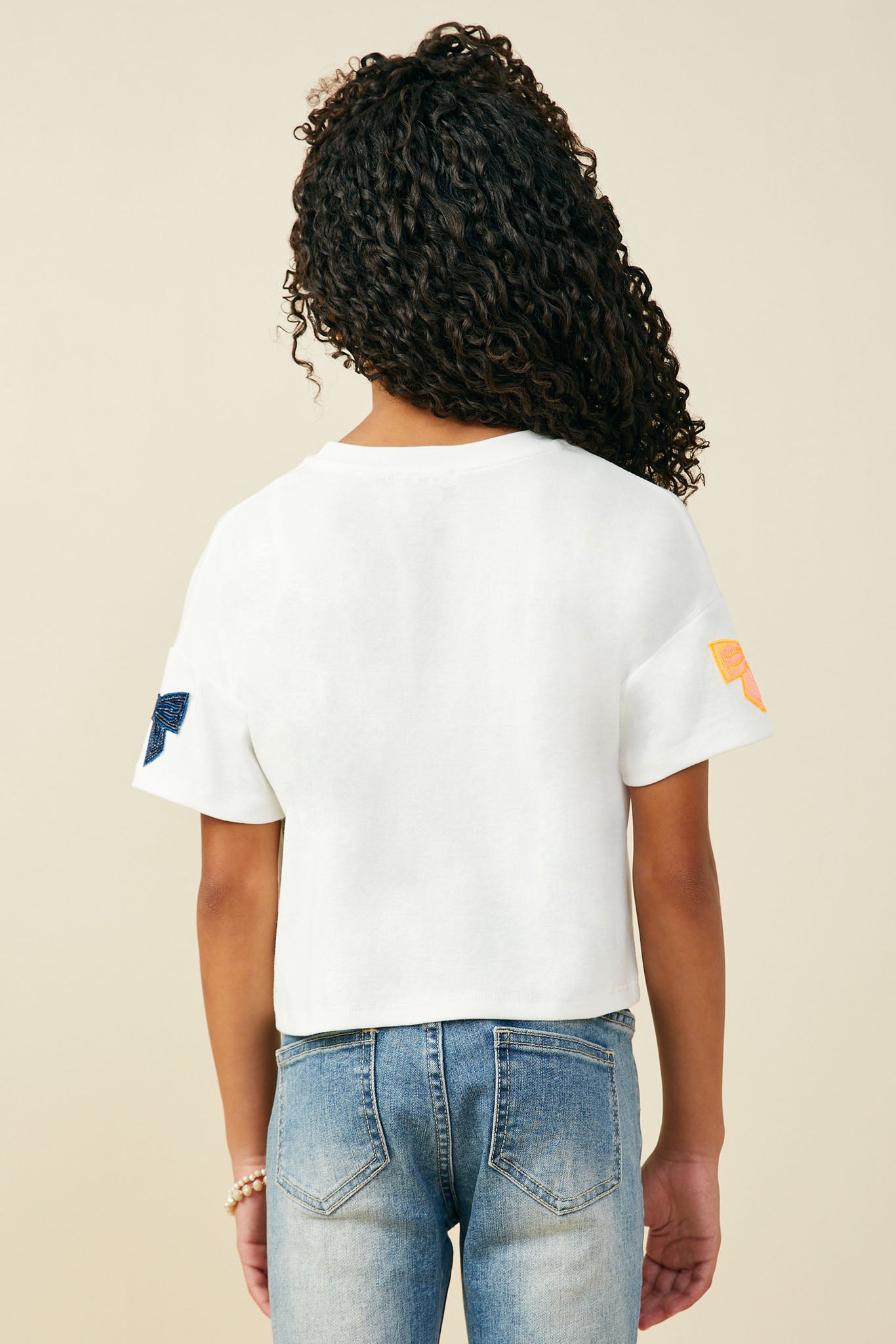 GY9583 ORANGE Girls Gameday Team Color Sequin Bow Patched T Shirt Back