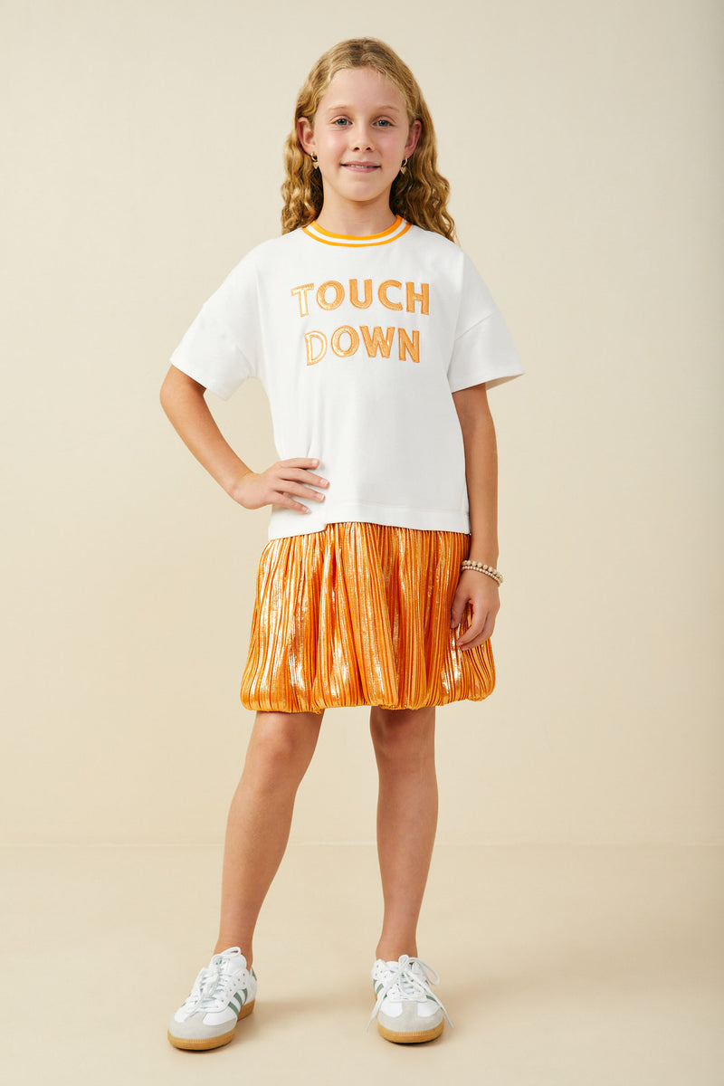 GY9584 Orange Girls Gameday Mix Media Touchdown Dress Pose