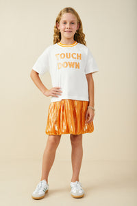 GY9584 Orange Girls Gameday Mix Media Touchdown Dress Pose
