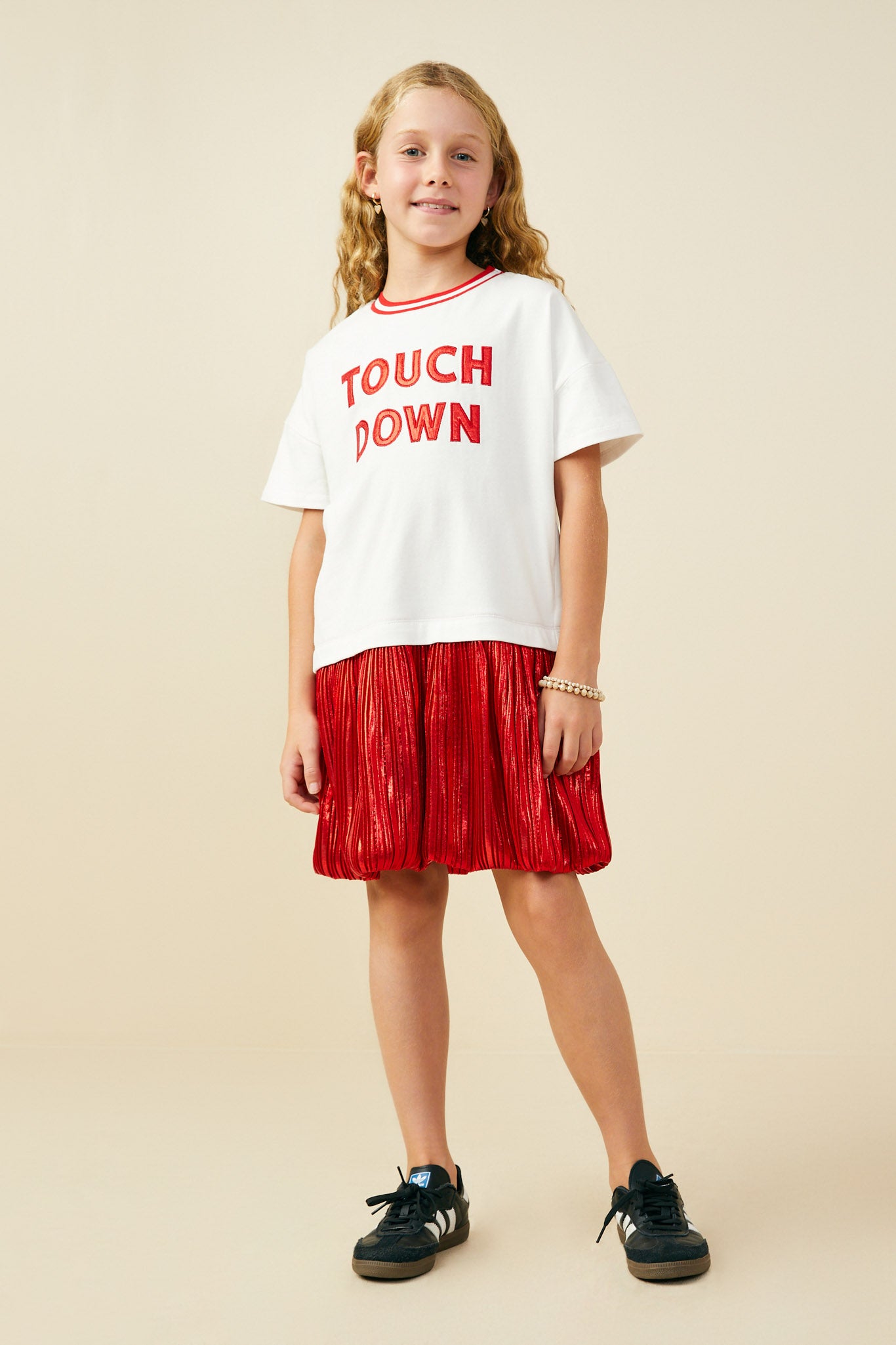 GY9584 Red Girls Gameday Mix Media Touchdown Dress Pose