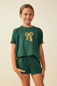 GY9585 Green Girls Sequin Bow Patch Ribbon Detail Knit Top Front