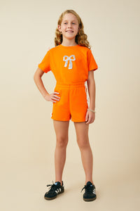 GY9586 Orange Girls Bow Detail Side Strip Knit Shorts Pose