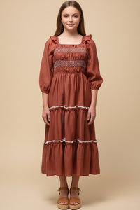 Contrast Smocking Detailed Ruffled Square Neck Dress