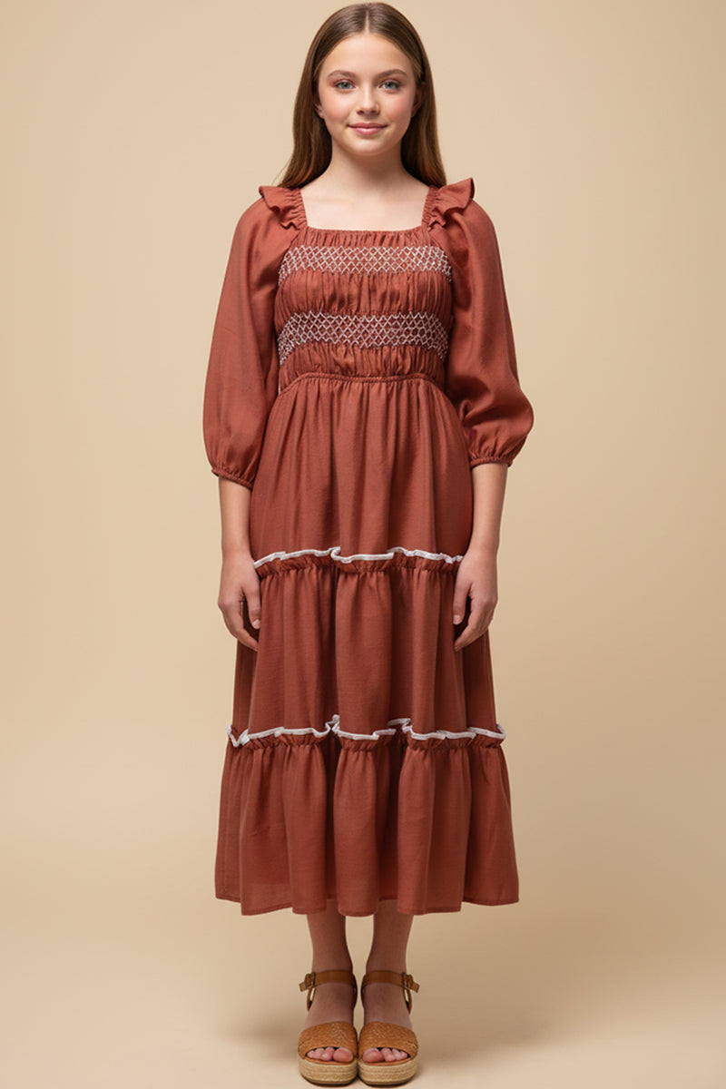 Contrast Smocking Detailed Ruffled Square Neck Dress