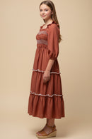 Contrast Smocking Detailed Ruffled Square Neck Dress