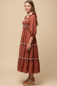 Contrast Smocking Detailed Ruffled Square Neck Dress