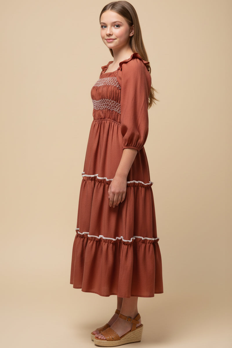 Contrast Smocking Detailed Ruffled Square Neck Dress