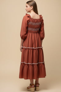 Contrast Smocking Detailed Ruffled Square Neck Dress