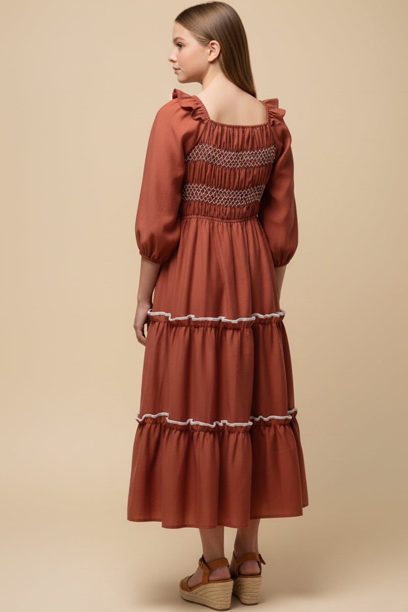 Contrast Smocking Detailed Ruffled Square Neck Dress
