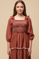 Contrast Smocking Detailed Ruffled Square Neck Dress