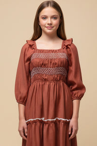 Contrast Smocking Detailed Ruffled Square Neck Dress