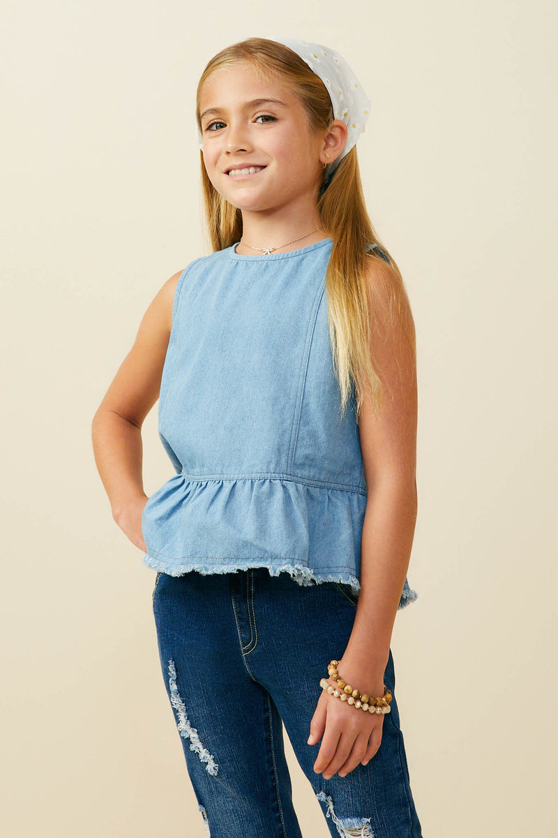 GY9641 Light Denim Girls Buttoned Back Denim Peplum Tank Front