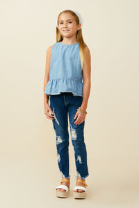 GY9641 Light Denim Girls Buttoned Back Denim Peplum Tank Pose