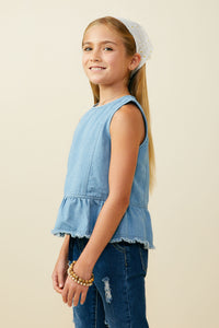 GY9641 Light Denim Girls Buttoned Back Denim Peplum Tank Side