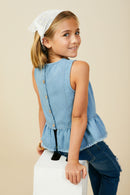 GY9641 Light Denim Girls Buttoned Back Denim Peplum Tank Back
