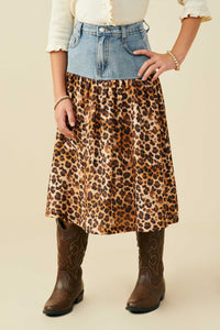 GY9700 Leopard Girls Mix Media Leopard Print Denim Skirt Front