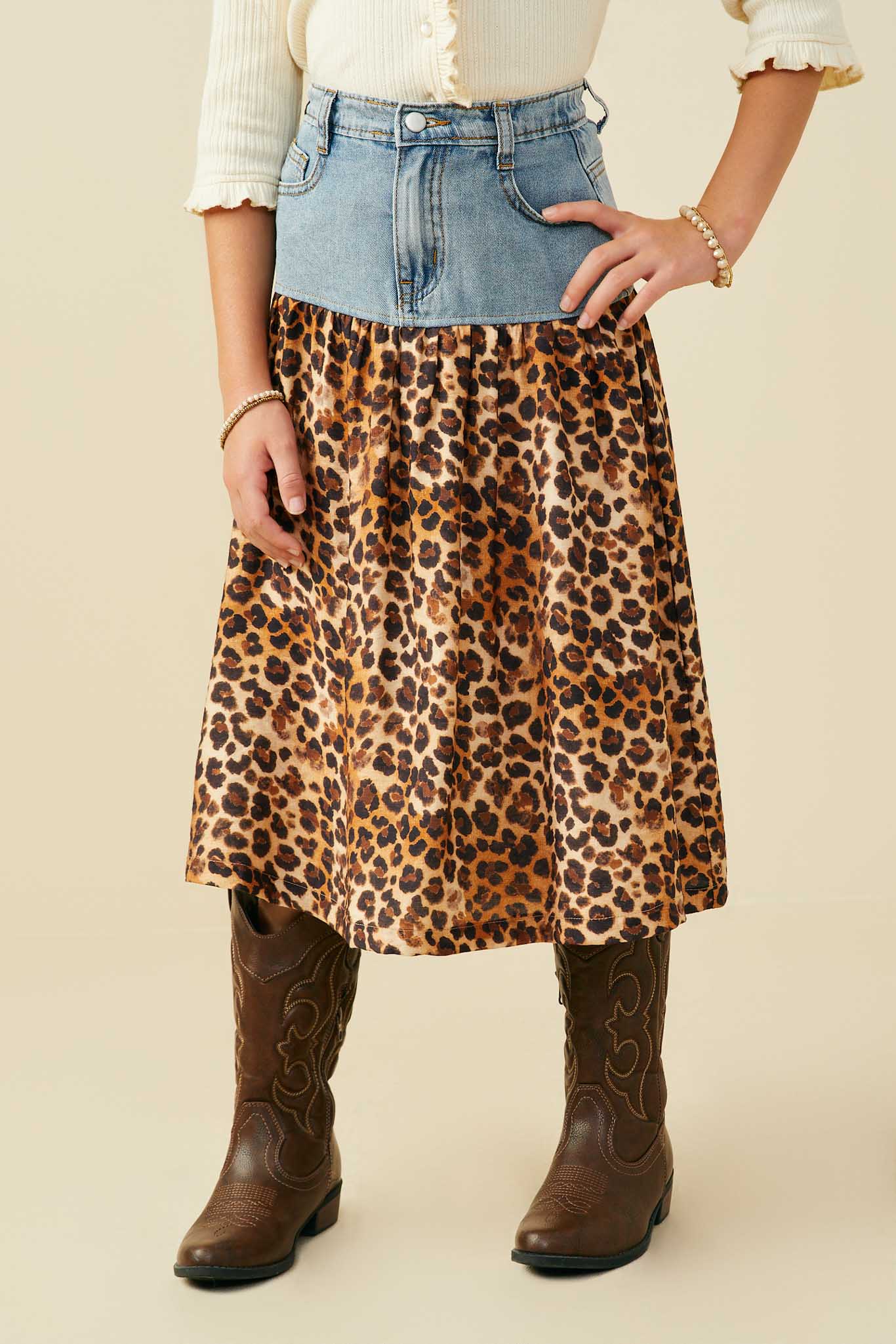 Mix Media Leopard Print Denim Skirt