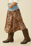 GY9700 Leopard Girls Mix Media Leopard Print Denim Skirt Side